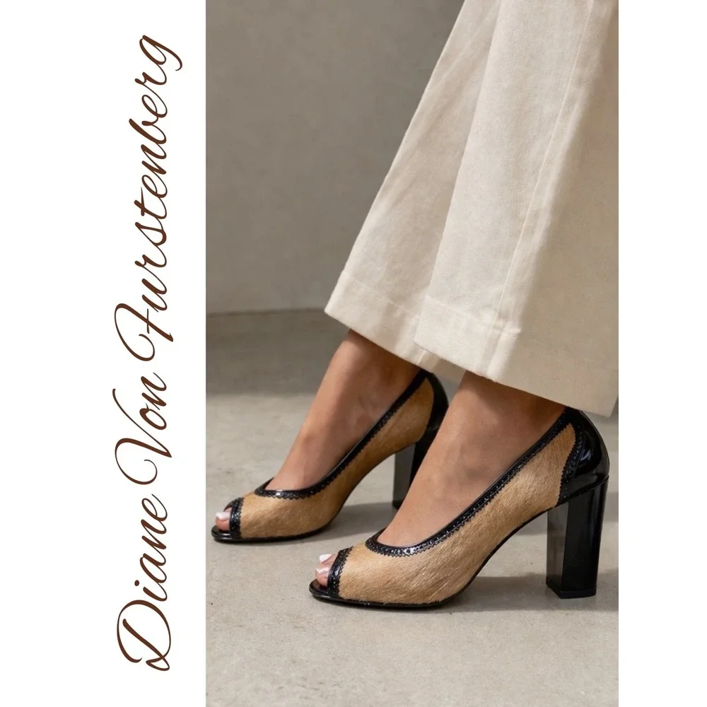 DVF Diane von Furstenberg Calf Hair‎ Block Heel Pumps Camel Black Peep Toe, 7.5